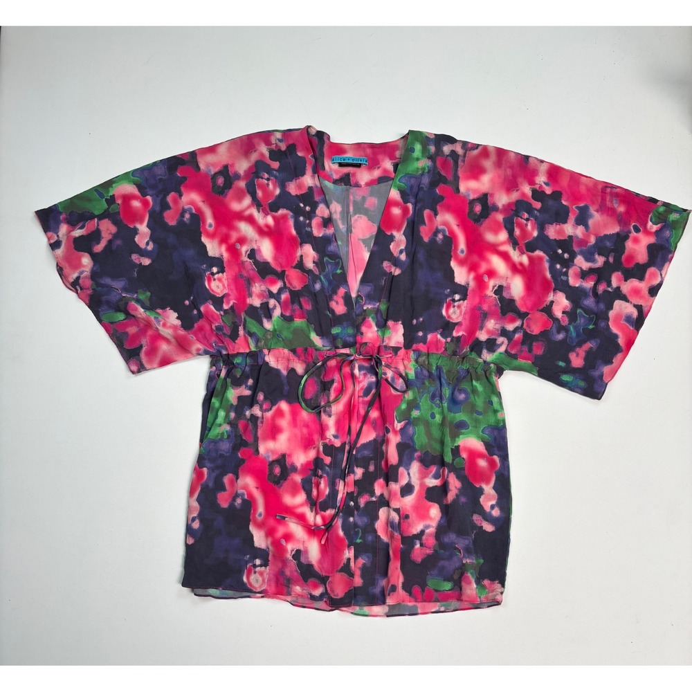Alice‎ + Olivia Kimono Top Abstract Floral PinkNavy Drawstring Waist NoSz Tag - Picture 4 of 9